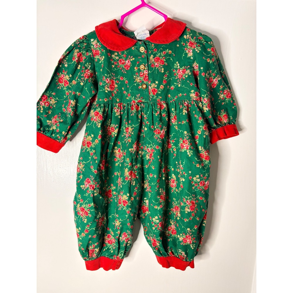 Vintage Toddle Tyke Baby Girls Green Floral‎ Holiday Romper Red Corduroy 12M USA